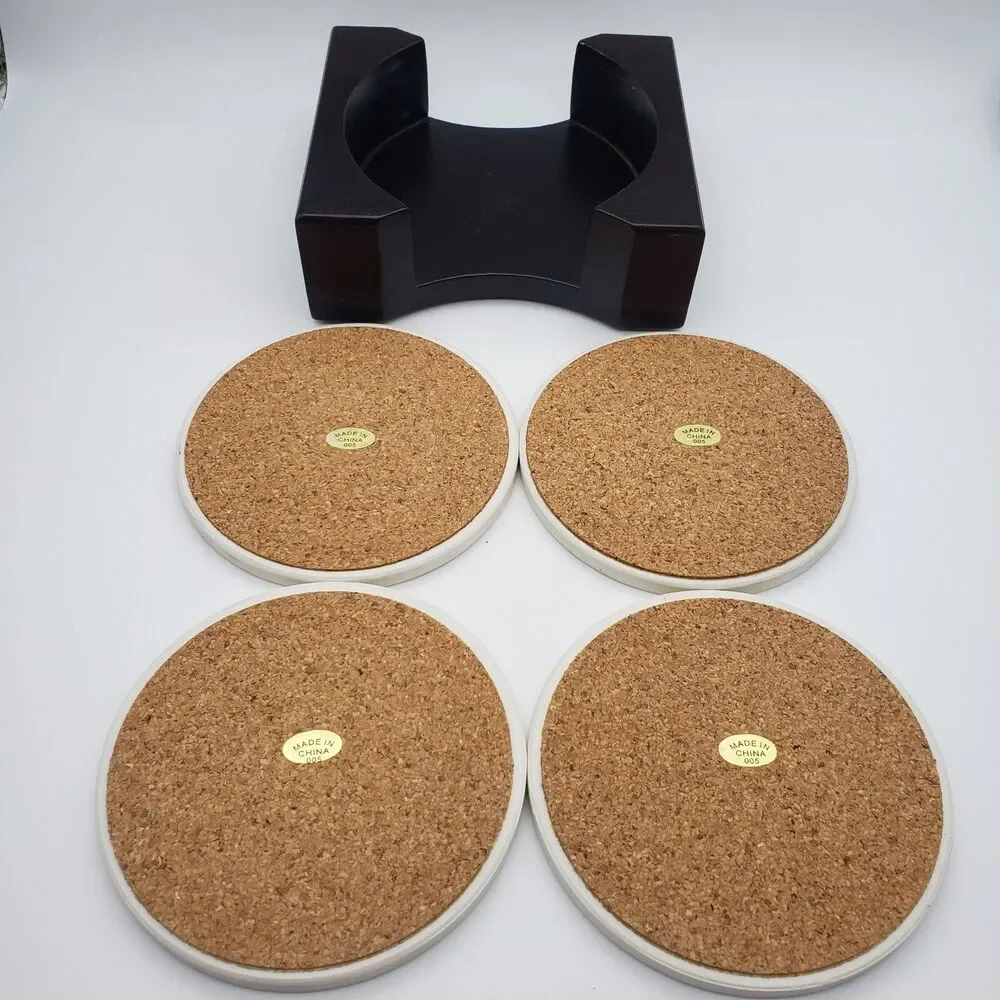 Ceramic Round Coasters Chinese Take Away Set of 4 & Wood Holder Rice Lo Mein Bar